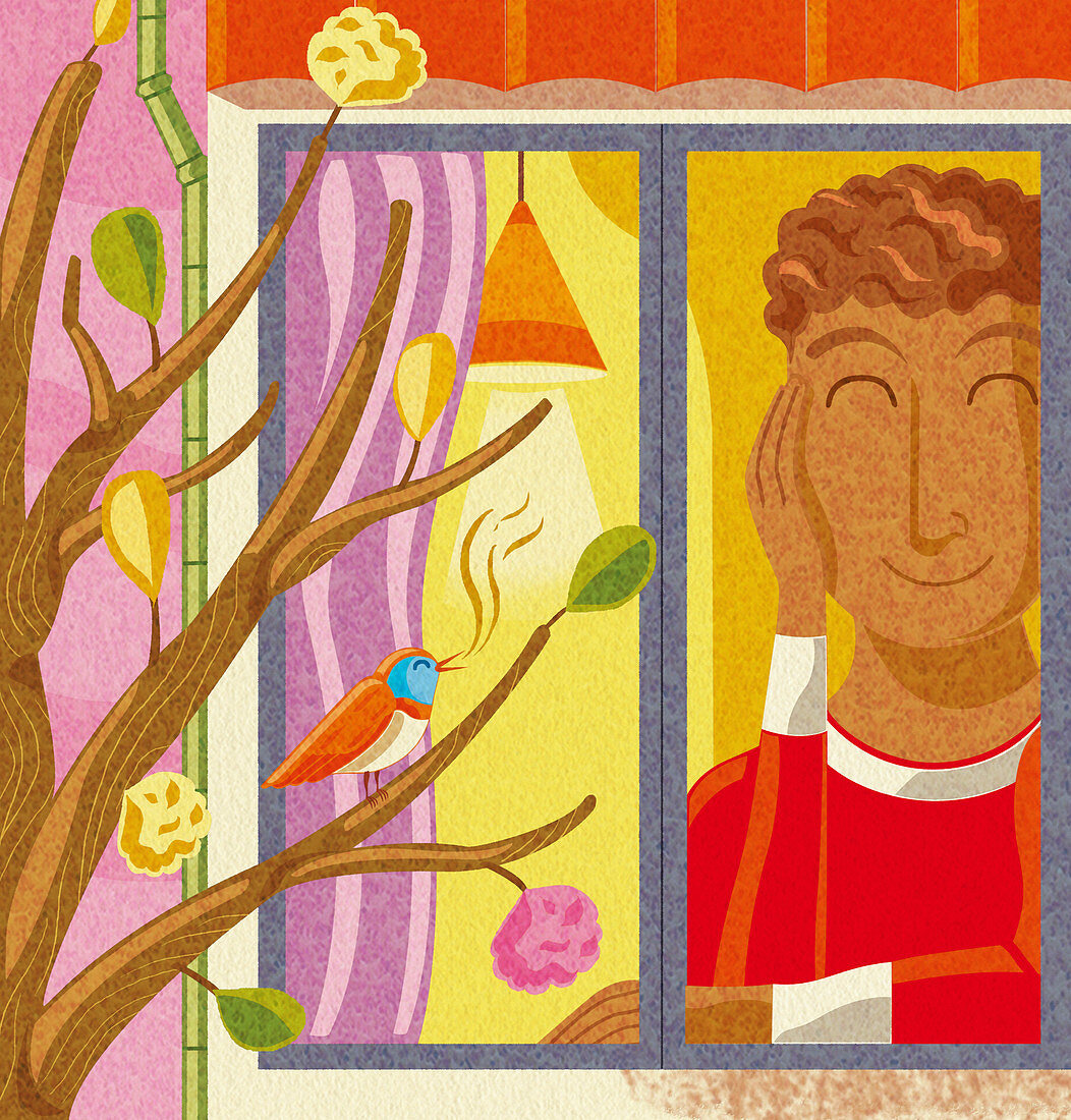 Happy man listening to birdsong outside window, illustration