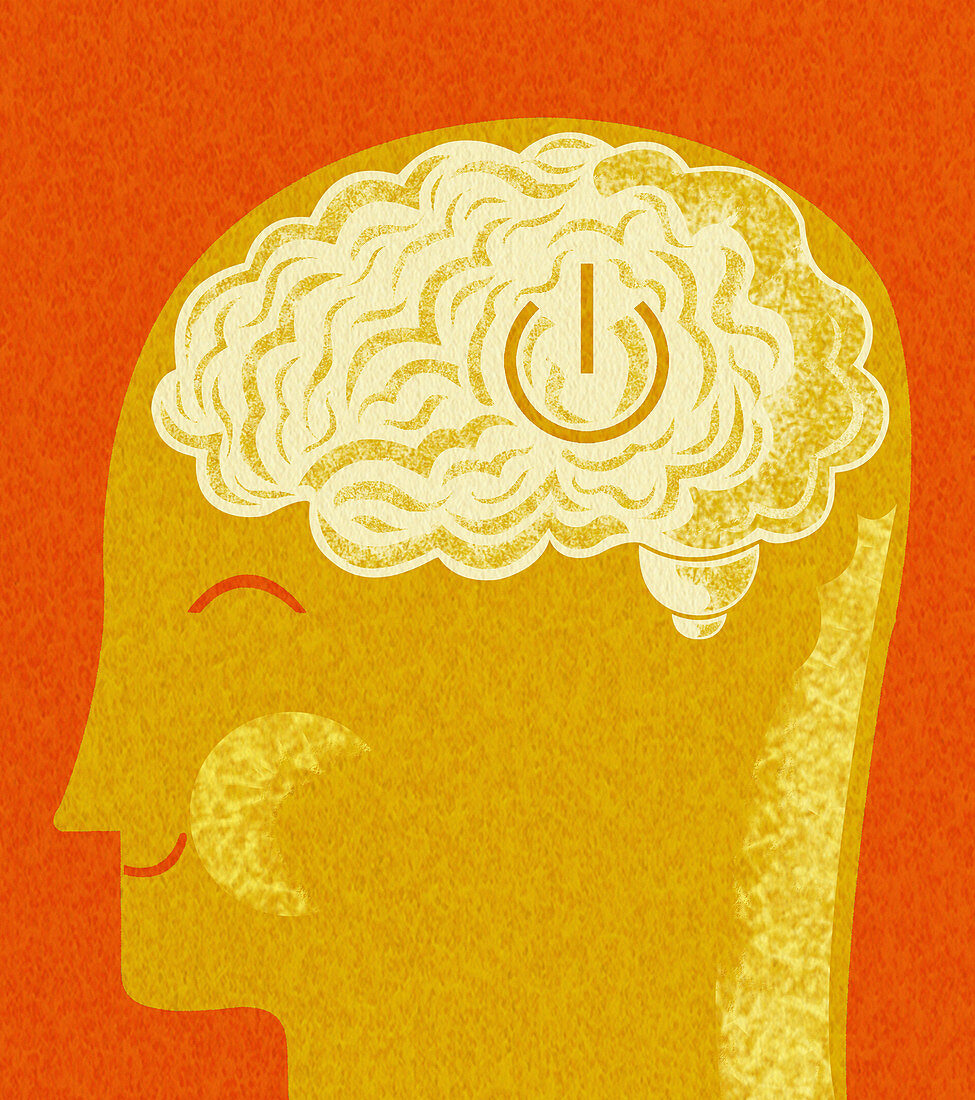 Happy person with on button in brain, illustration