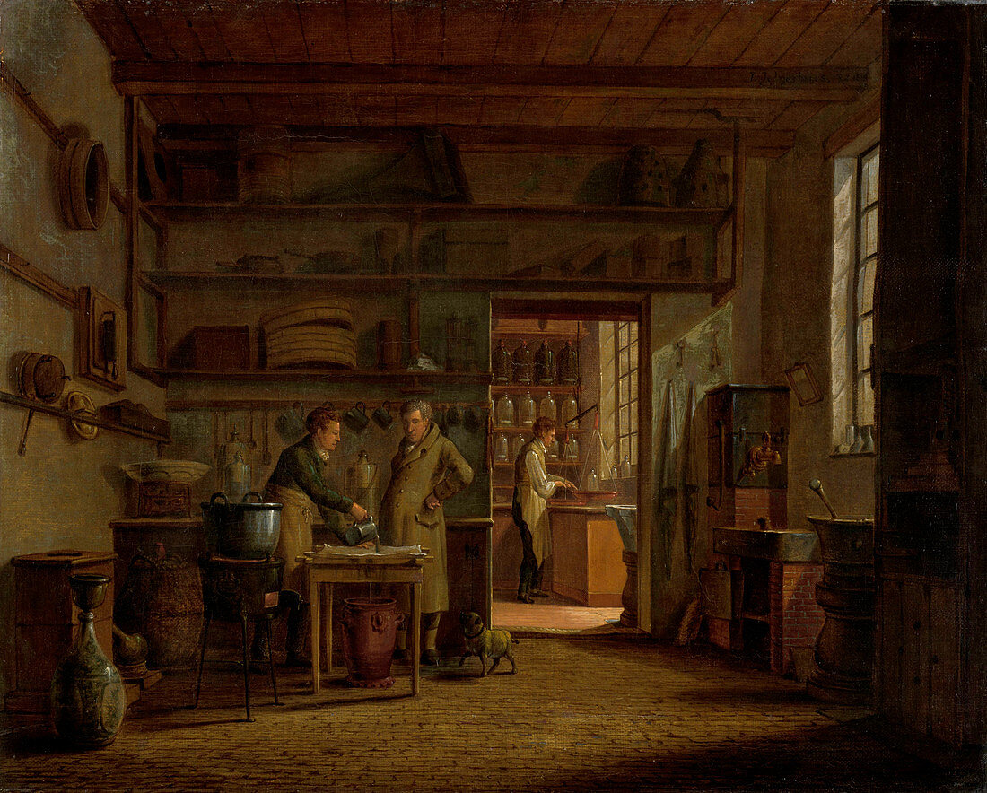 Interior of the lab of an apothecary, 19th century painting