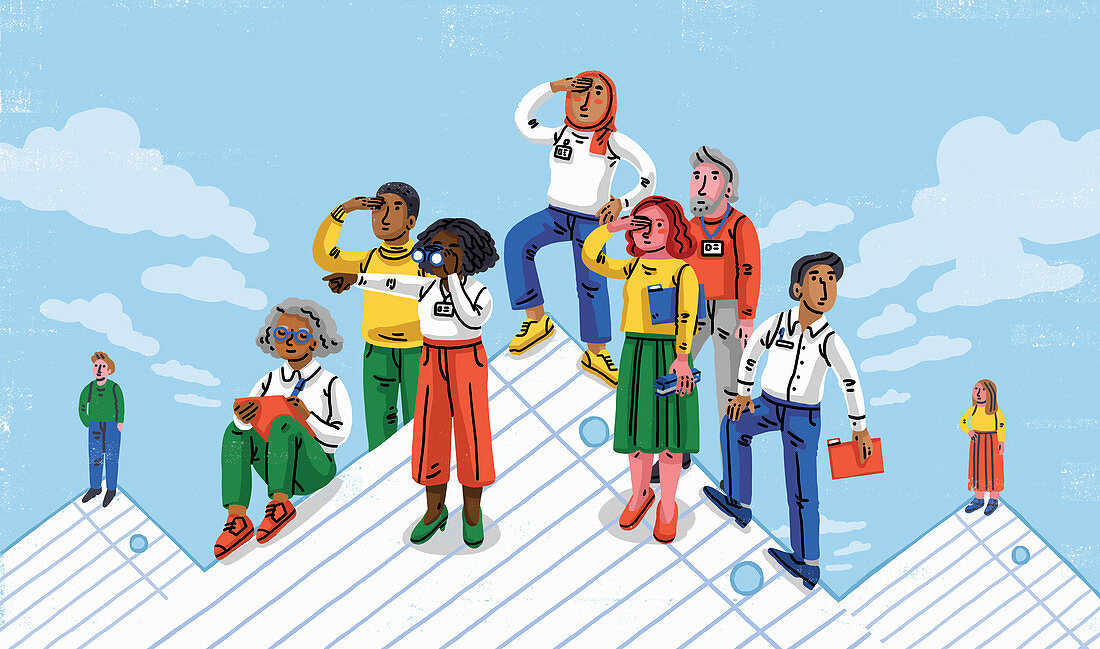 Workers climbing paper mountains, illustration