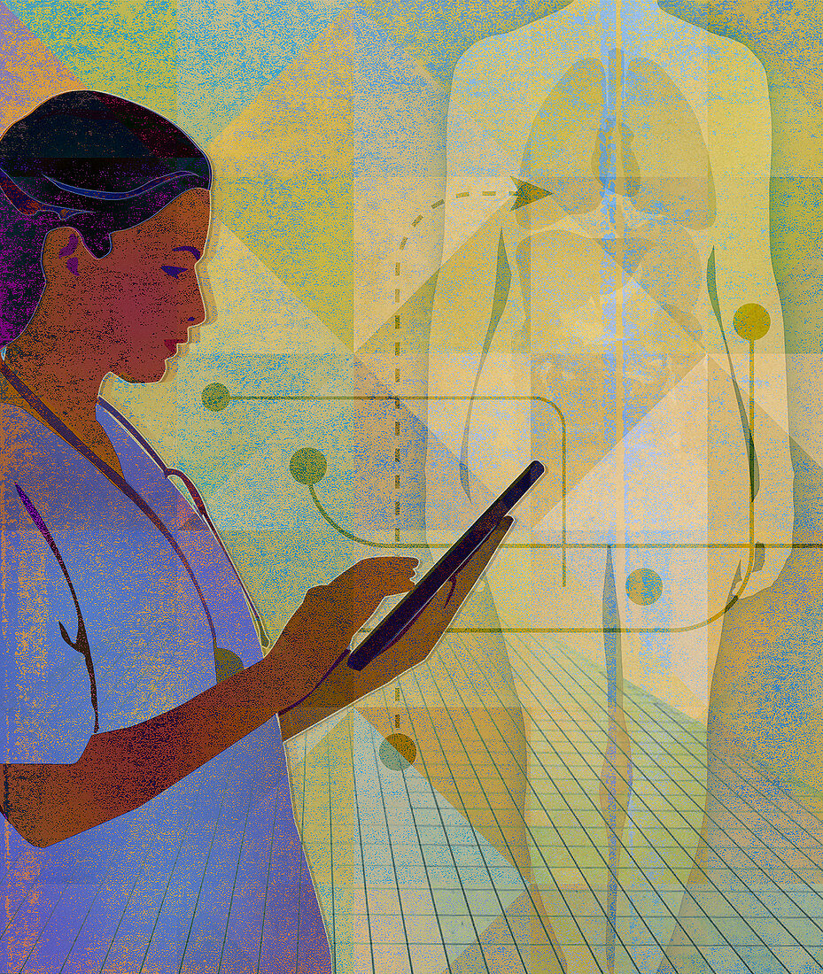 Doctor working on a digital tablet, illustration
