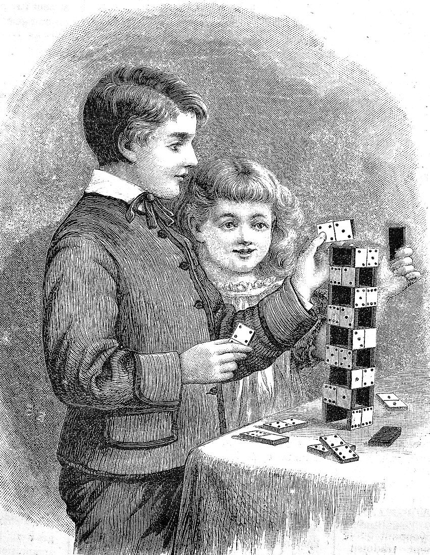 Children building a tower using dominoes, illustration