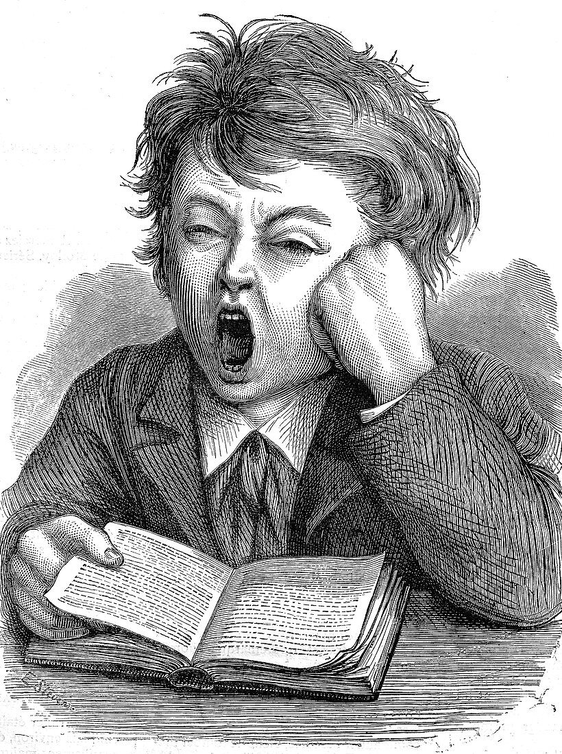 Boy yawning whilst reading, 19th century illustration