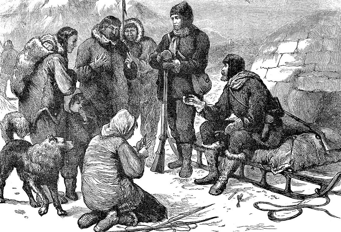 Inuit people outside explorer's igloo, illustration