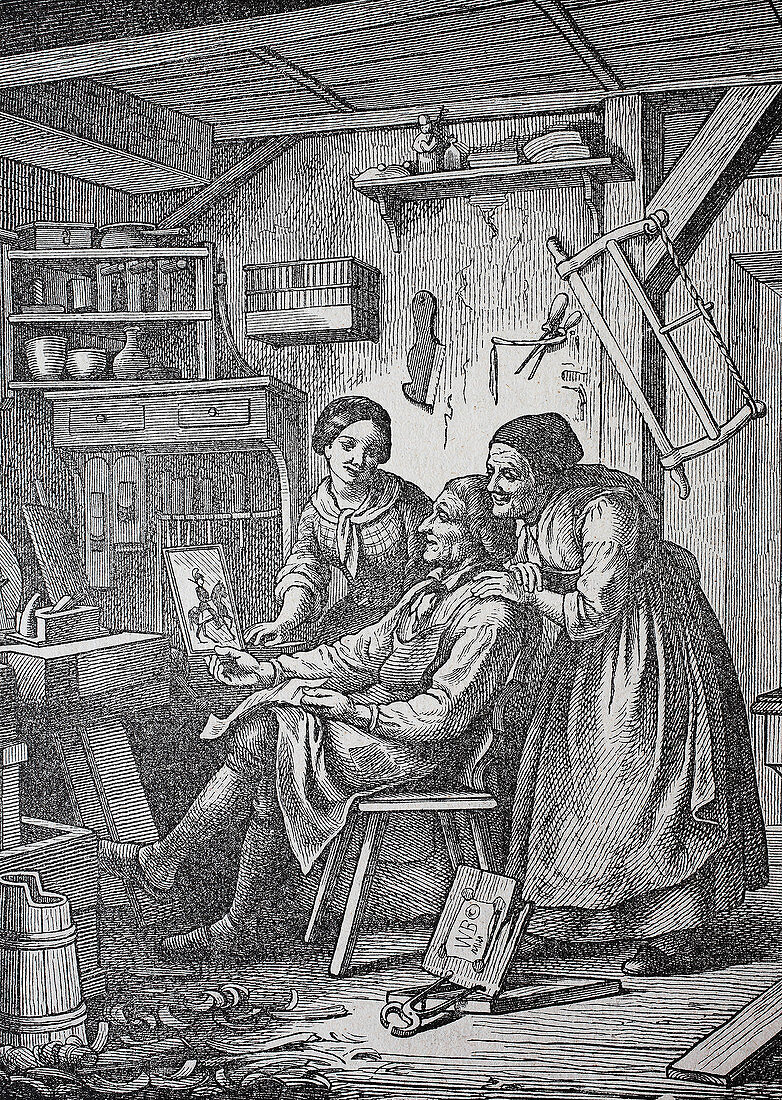 Family looking at the image of a son, illustration