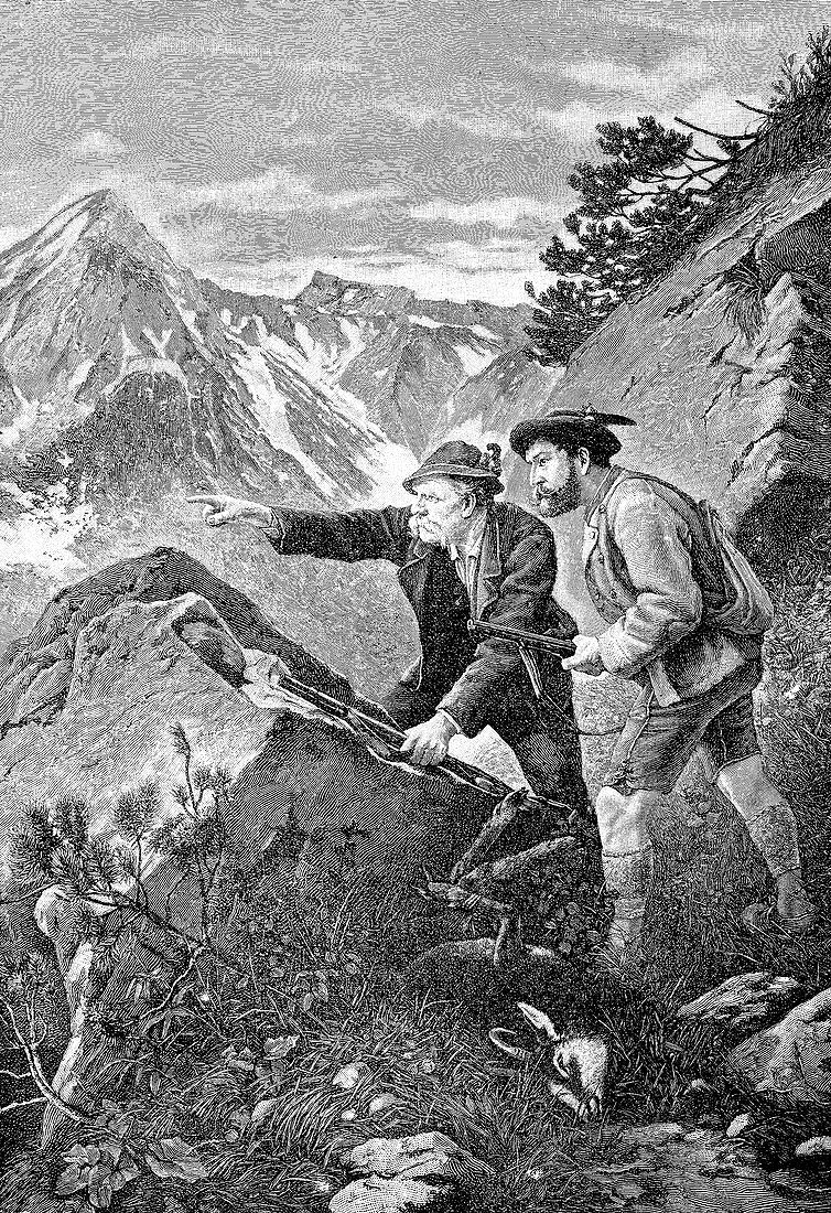 Men hunting chamois, 19th century illustration