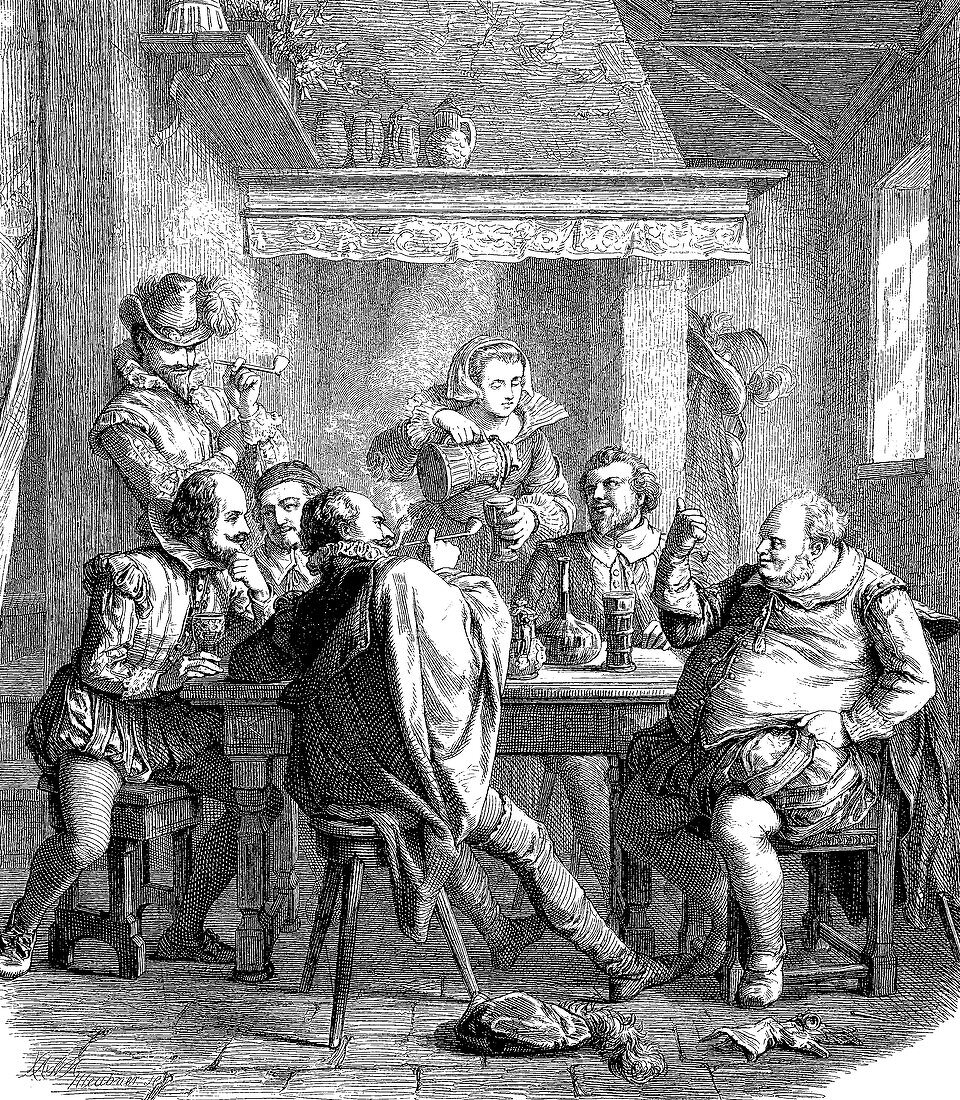 Shakespeare and friends drinking, 19th century illustration