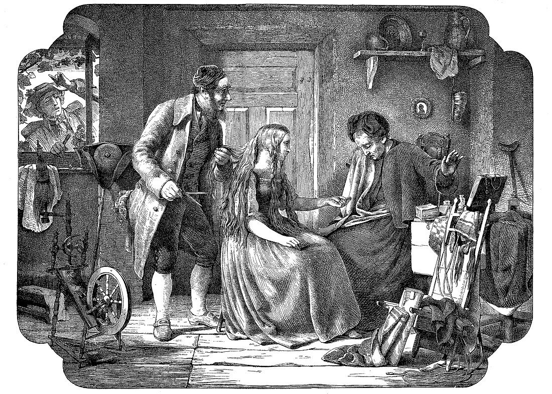 Woman selling her hair, Germany, 19th century illustration