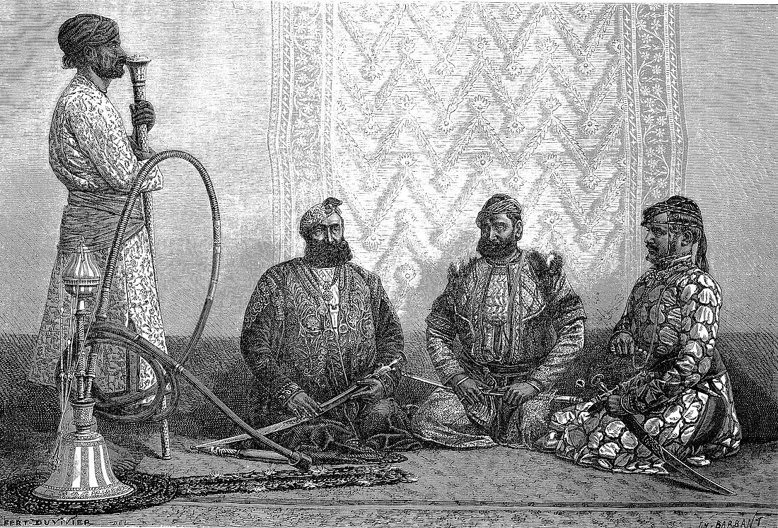 Men smoking hookah, India, 19th century illustration