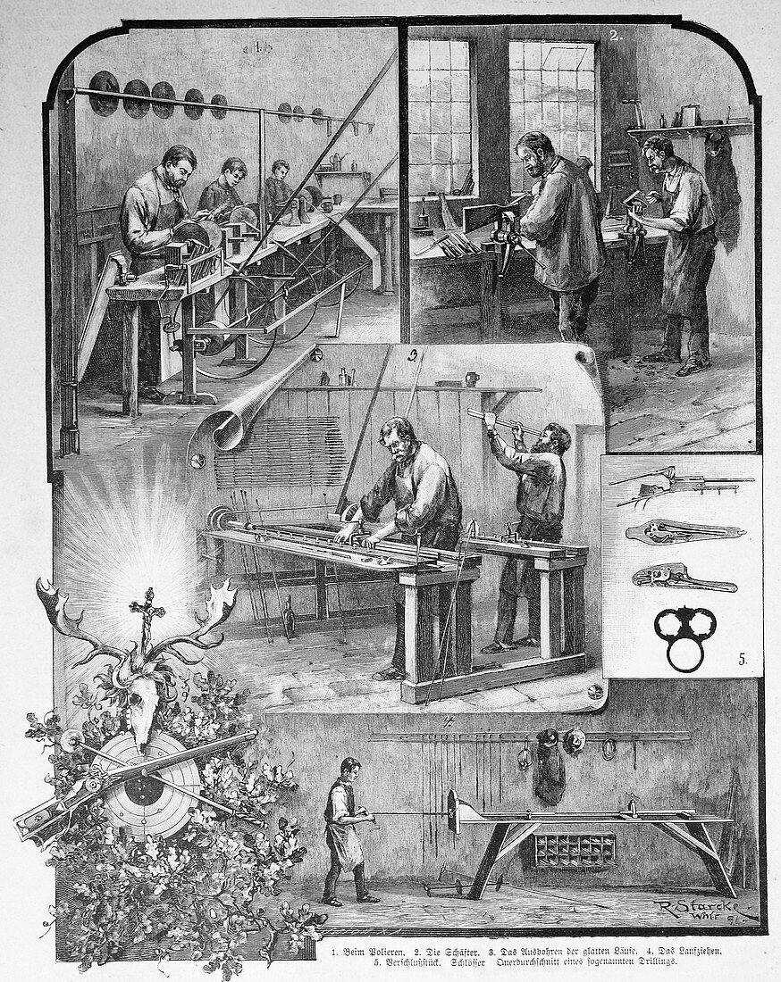 Rifle factory scenes, Germany, 19th century illustration