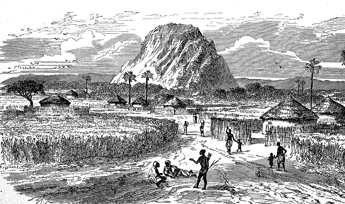 Marghi village at Lake Chad, Central Africa, illustration