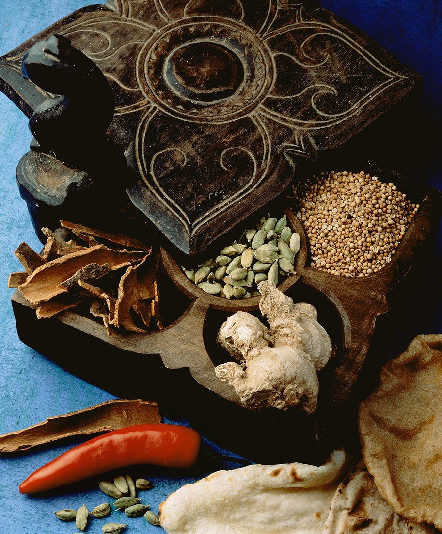 Exotic Spices in a Wooden Box