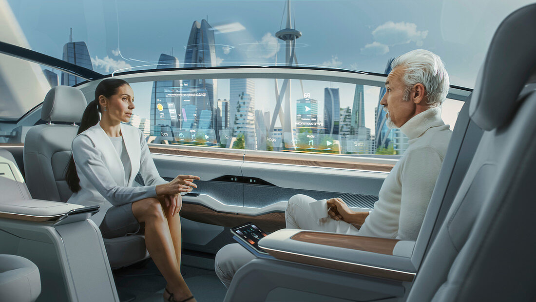 Woman and man talking in an autonomous car