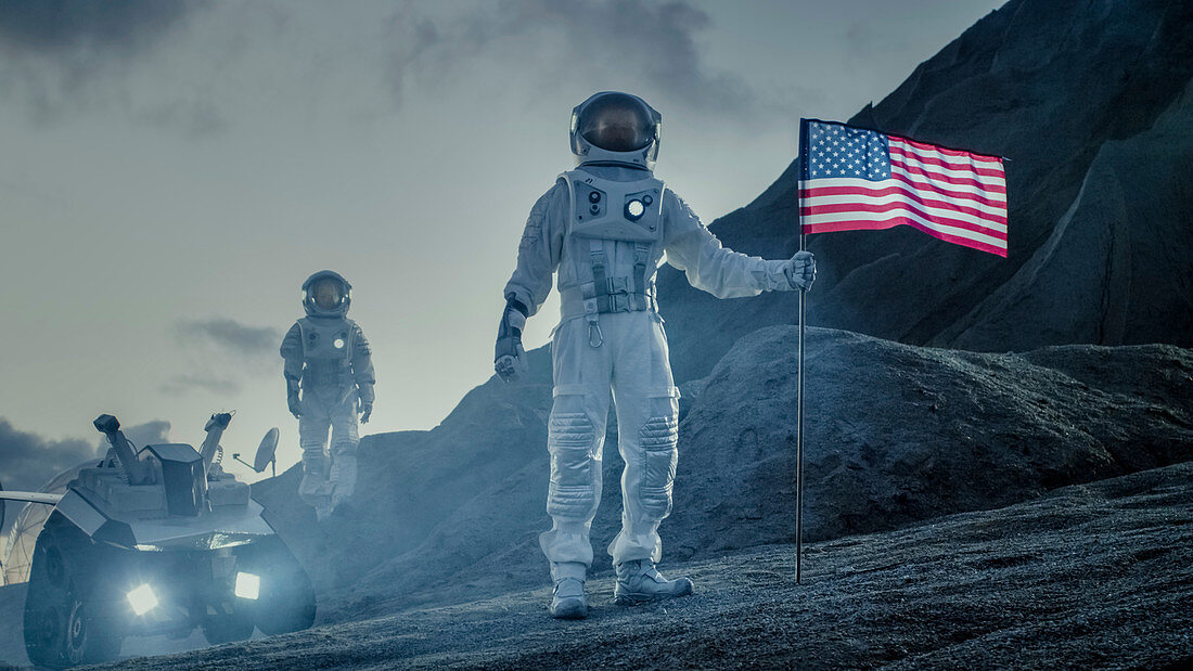Two astronauts planting US flag on an alien planet