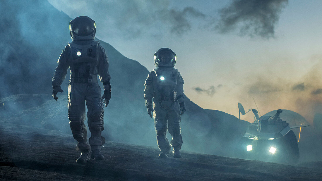 Two astronauts walking on an alien planet