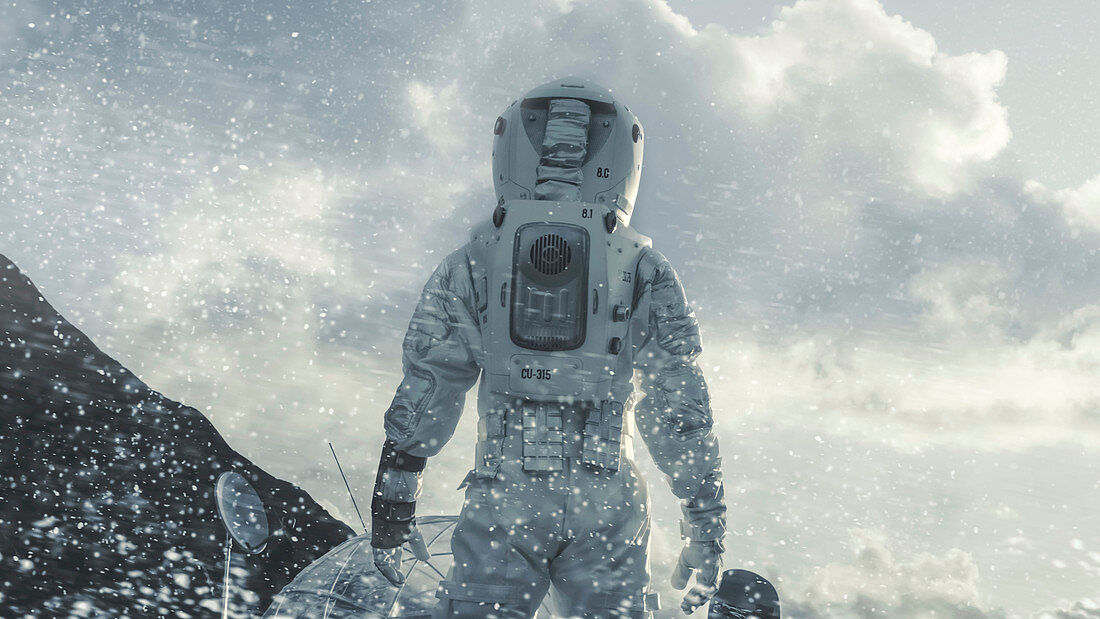 Astronaut walking through a blizzard on an alien planet