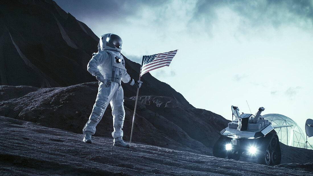 Astronaut planting US flag on an alien planet