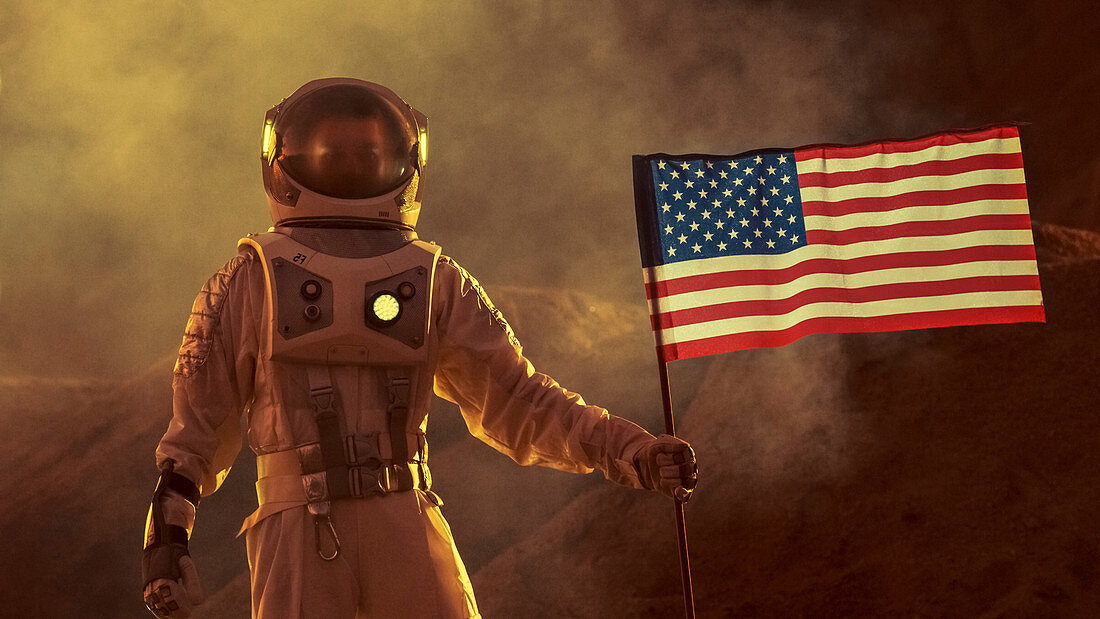 Astronaut planting a US flag on alien planet