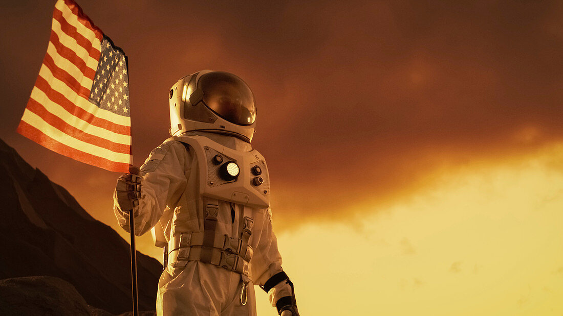 Astronaut planting US flag on alien planet