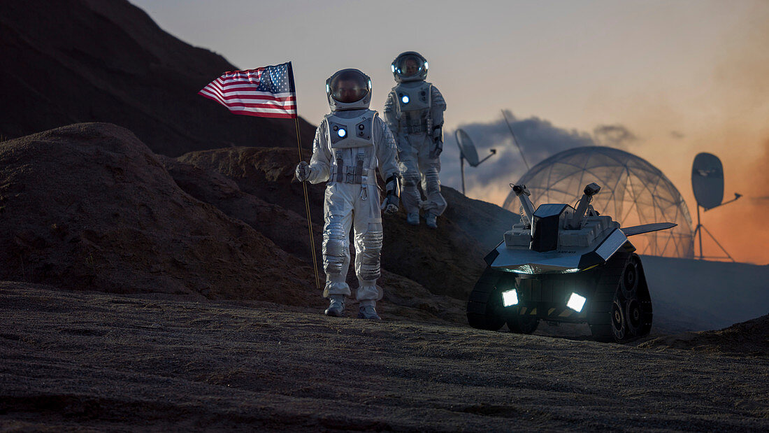 Two astronauts planting US flag on an alien planet