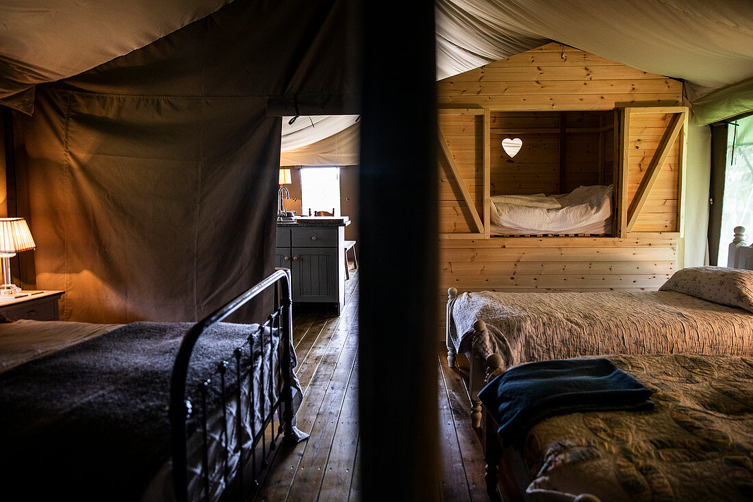 Beds in a yurt cabin