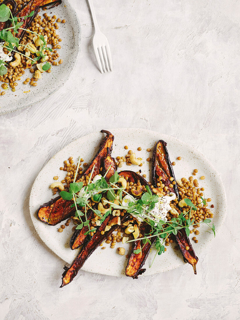 Tandoori eggplant with dhal salad