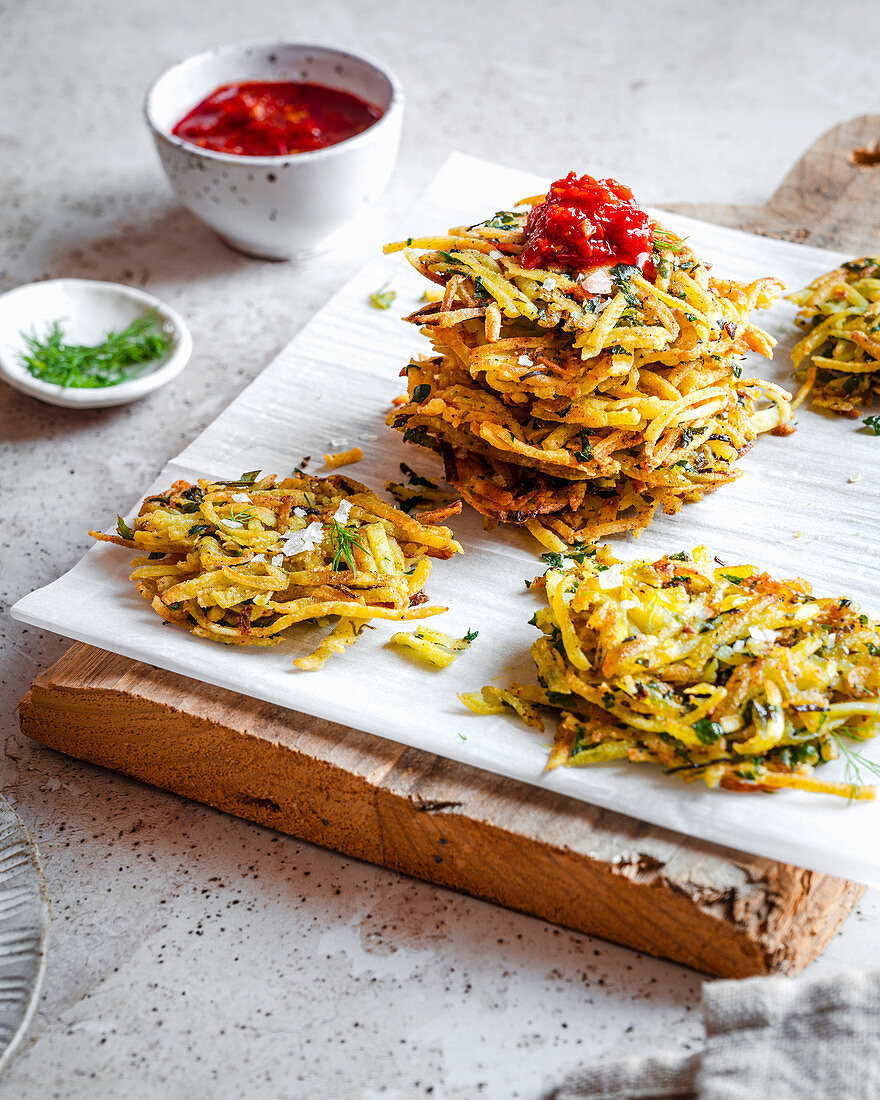 Stack of Moroccan Spiced Fried Hashbrowns with Harissa Sauce