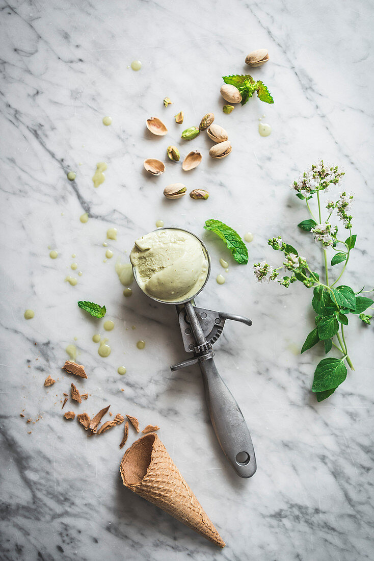 Pistachio Ice Cream with scoop in a rustic bowl