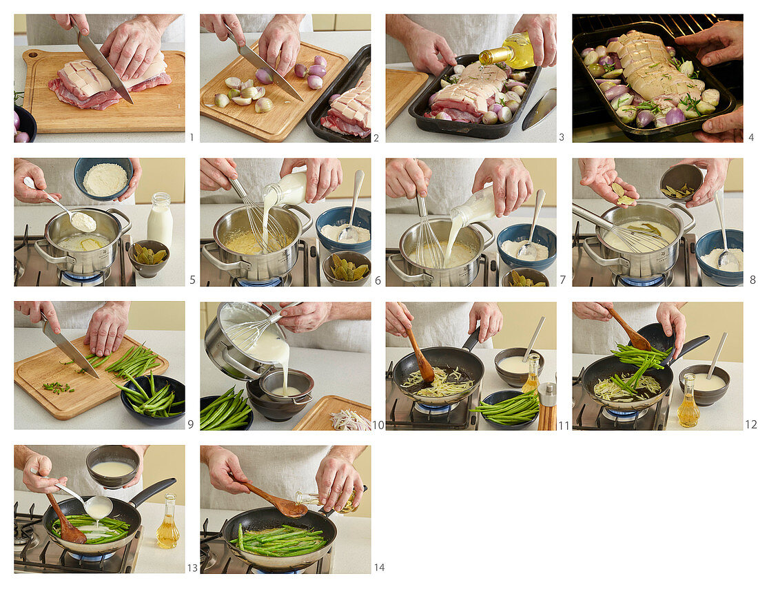 Juicy baked pork belly flitch with green beans, step by step