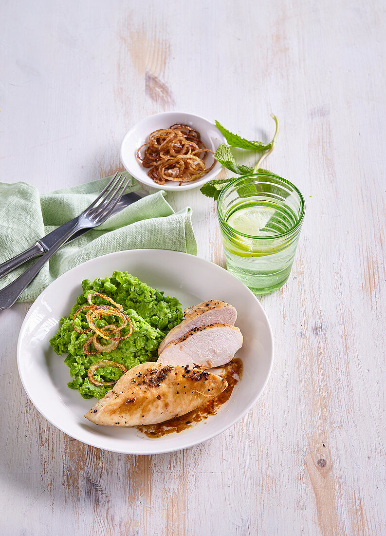 Chicken breast with pea puree