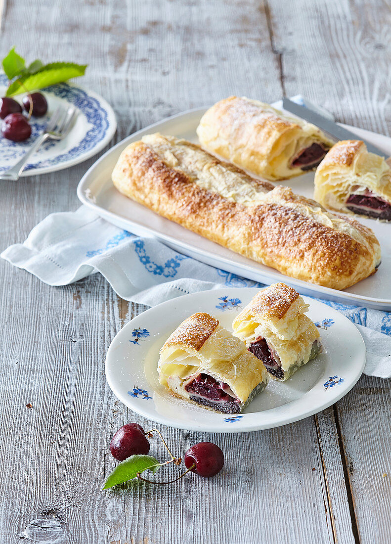 Cherry strudel with poppy seed and custard