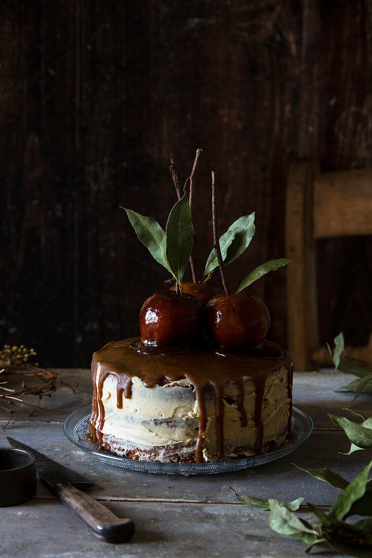 Toffee apple bonfire cake in a rustic kitchen