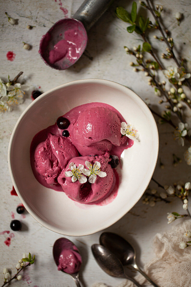 A bowl holding thrree scoops of blackcurrant ice cream garnished with flowers