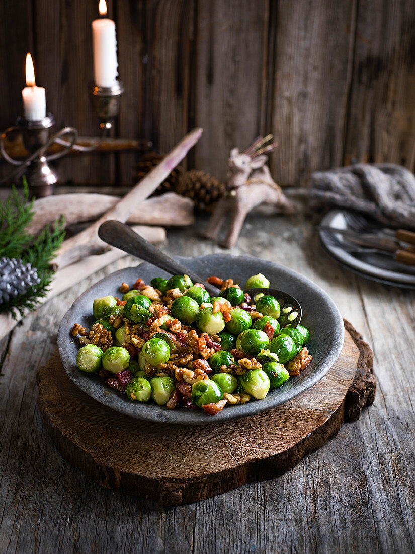 Cider-glazed sprouts with apple, walnuts and bacon