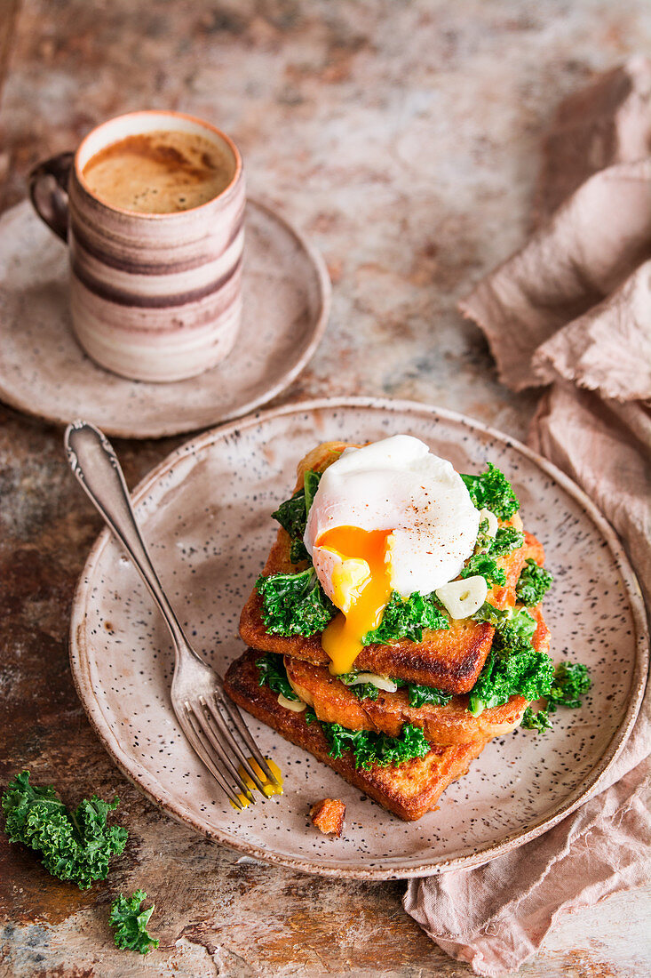 French toast with kale and poched egg
