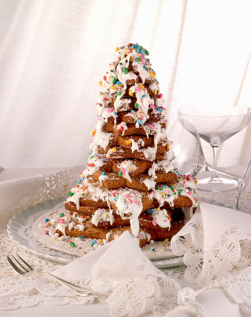 Christmas tree made from gingerbread cookies, with icing