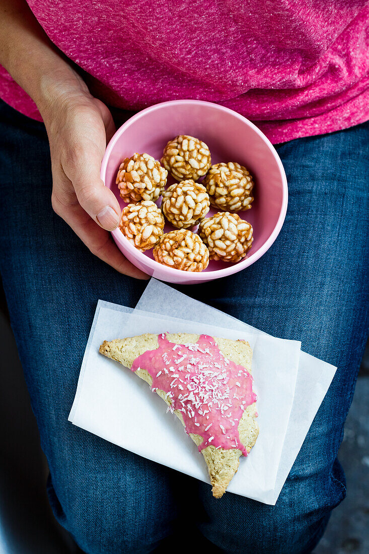 A blackcurrant and coconut pastry and peanut butter rice crispy bites, vegan