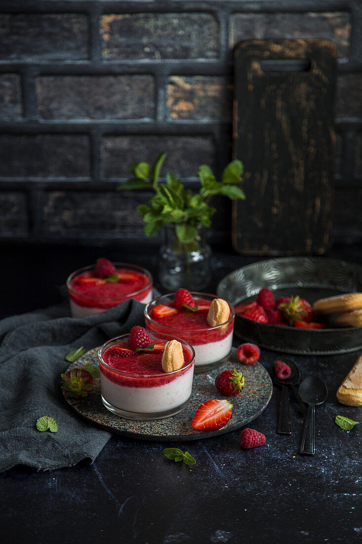 Erdbeerjoghurt-mit Erdbeer-Himbeer-Sauce serviert mit Löffelbiskuits