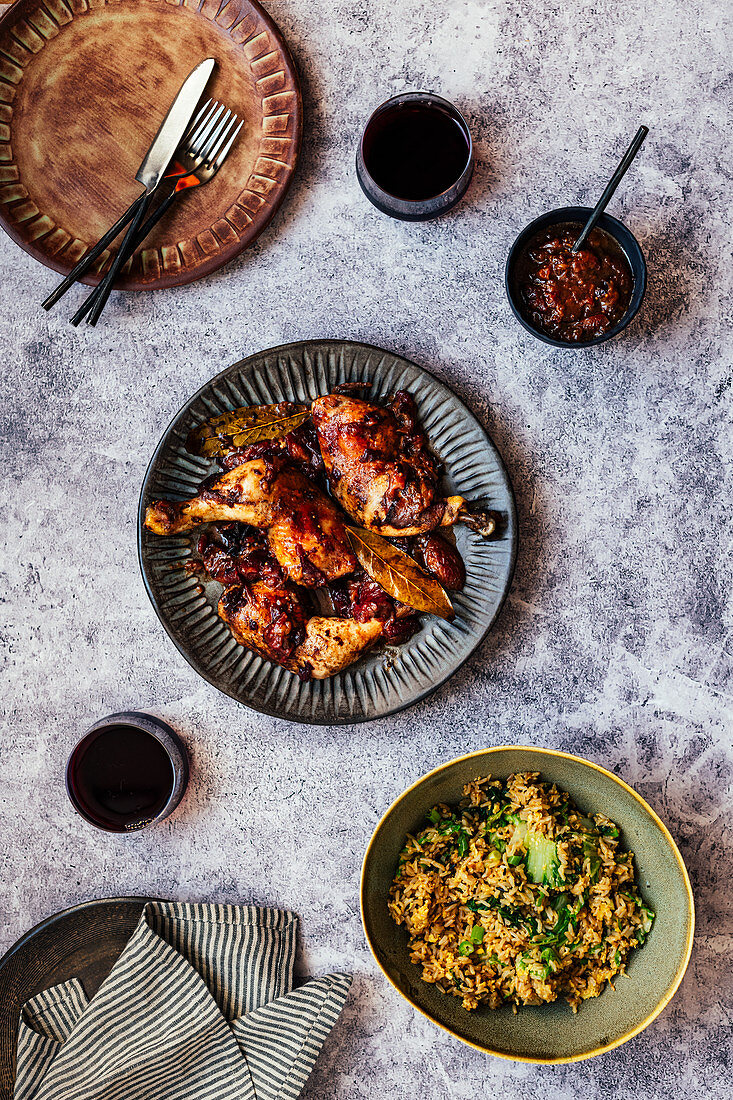 Roasted Chicken Portions in Plum Sauce with Egg Fried Brown Rice