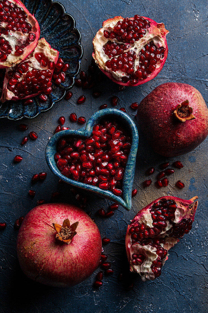 Pomegranates on blue background