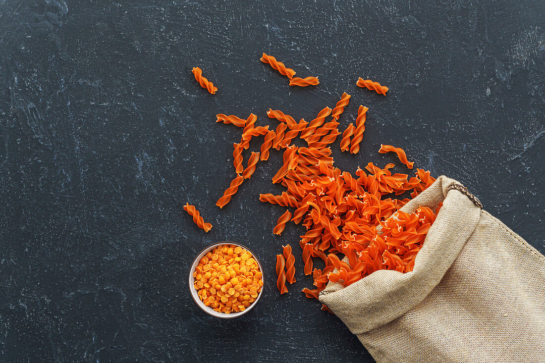 Raw lentil pasta above