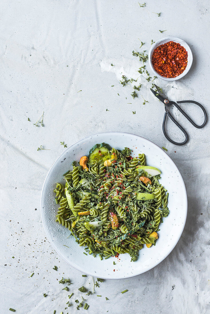 Spinach fusilli with herb mustard sauce