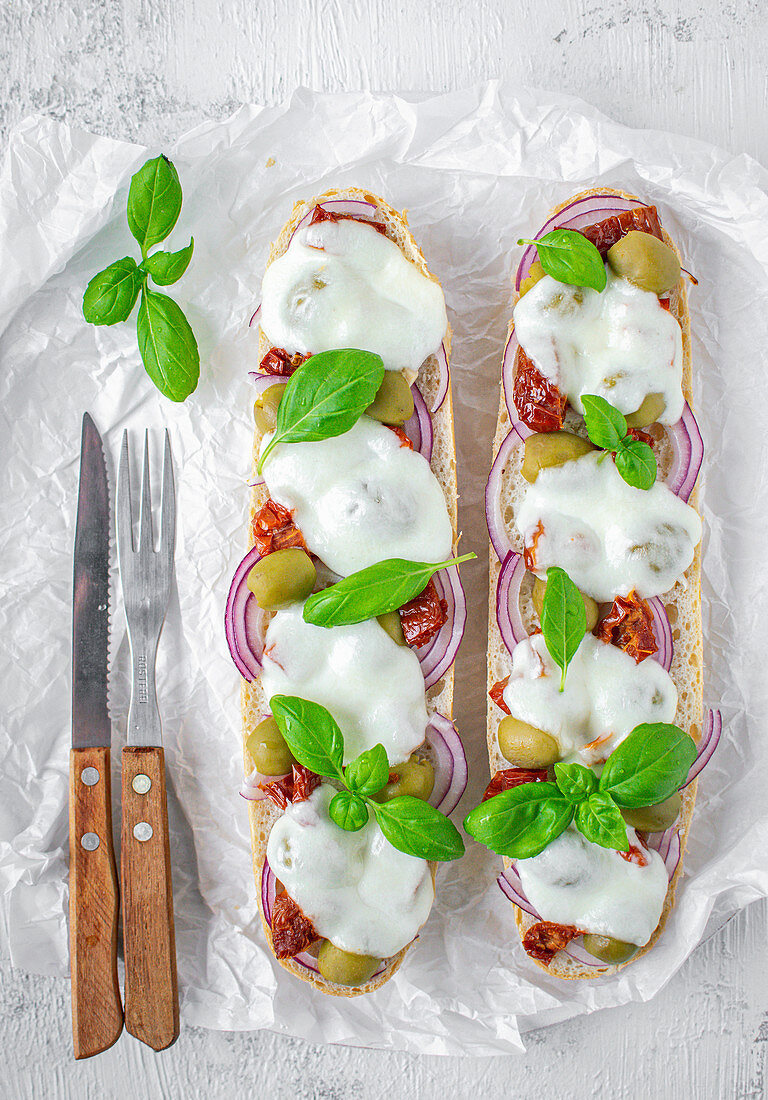 Sandwiches with mozzarella, olives, onions and sundried tomatoes