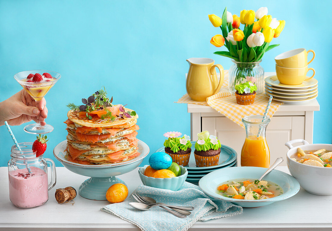 Easter brunch with primavera chicken soup, chocolate muffins and Crepe cake