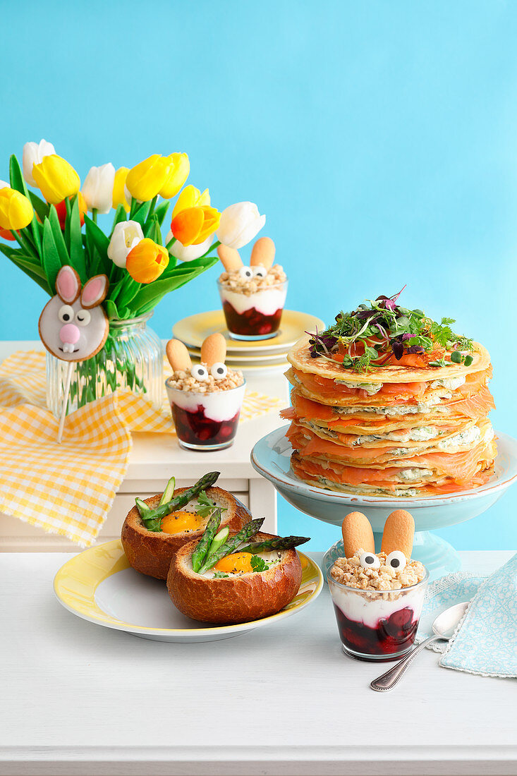 Easter brunch with a pancake cake