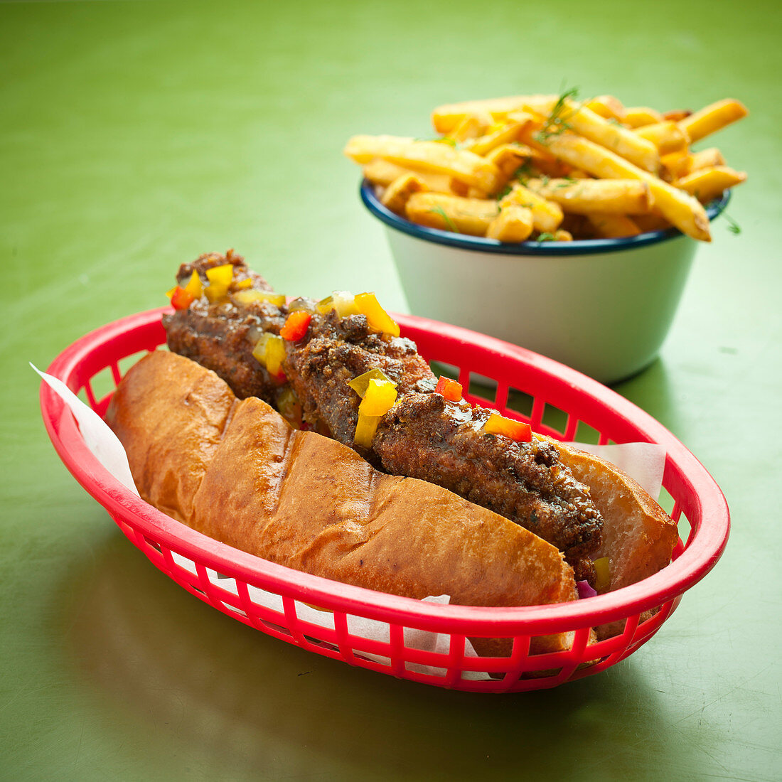 Vegetarian sausage hot dog with fries