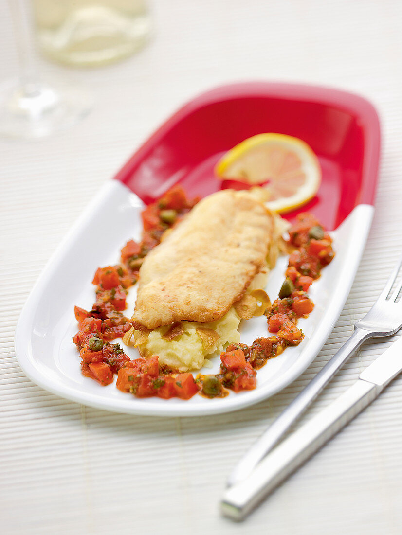 Mediterranean redfish serve over mashed potatoes garnished with a tomato caper salsa