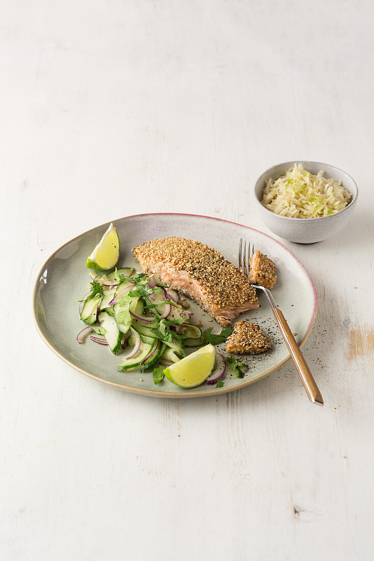 Sesame salmon with cucumber salad