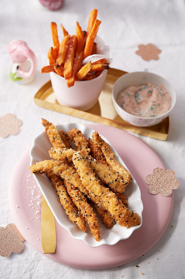 Sesame turkey sticks with sweet potato fries