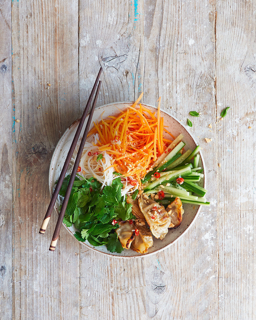 Vietnamesische Noodle Bowl mit Dumplings und Gemüse